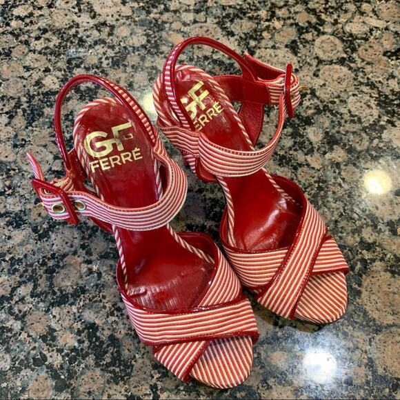 Gianfranco Ferre Red Stripe Strappy Heels - Picture 1 of 11